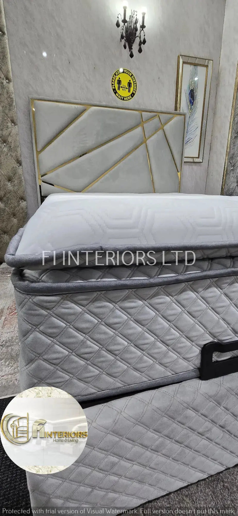 Helix Divan Bed & Mattress Set Kingsize Silver Velvet & Gold