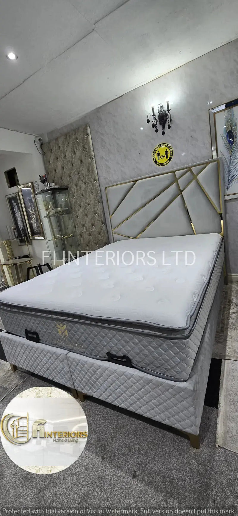Helix Divan Bed & Mattress Set Kingsize Silver Velvet & Gold