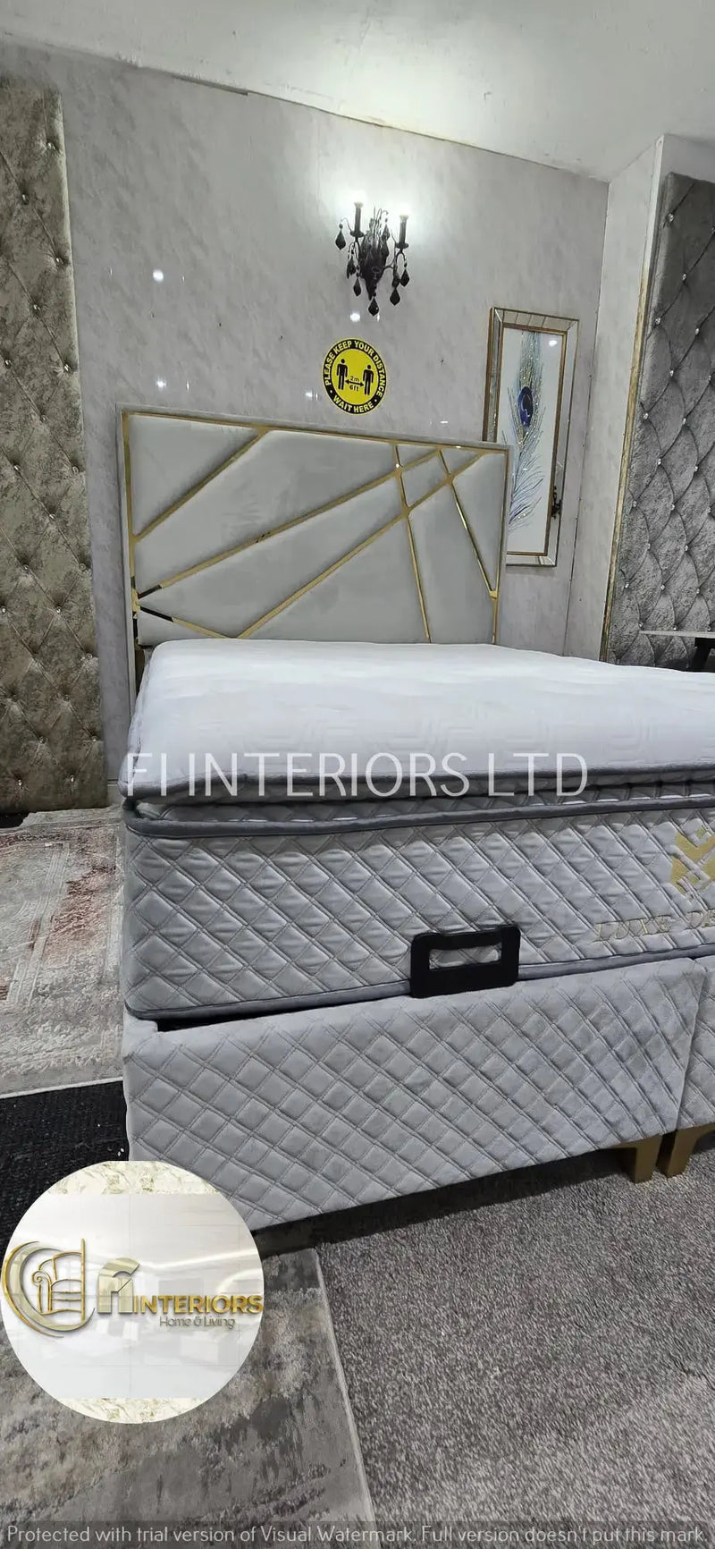 Helix Divan Bed & Mattress Set Kingsize Silver Velvet & Gold