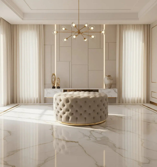 Round Upholstered Footstool (Large) – Champagne & Gold