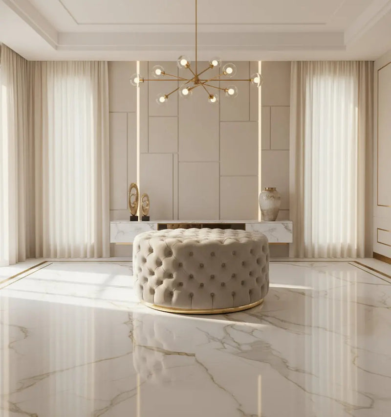 Round Upholstered Footstool (Large) – Champagne & Gold