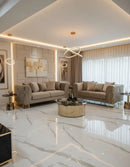 Bahrain 3+2 Seater Sofa Set – Beige Velvet with Gold Detailing & Legs | Modern Luxury Sofa