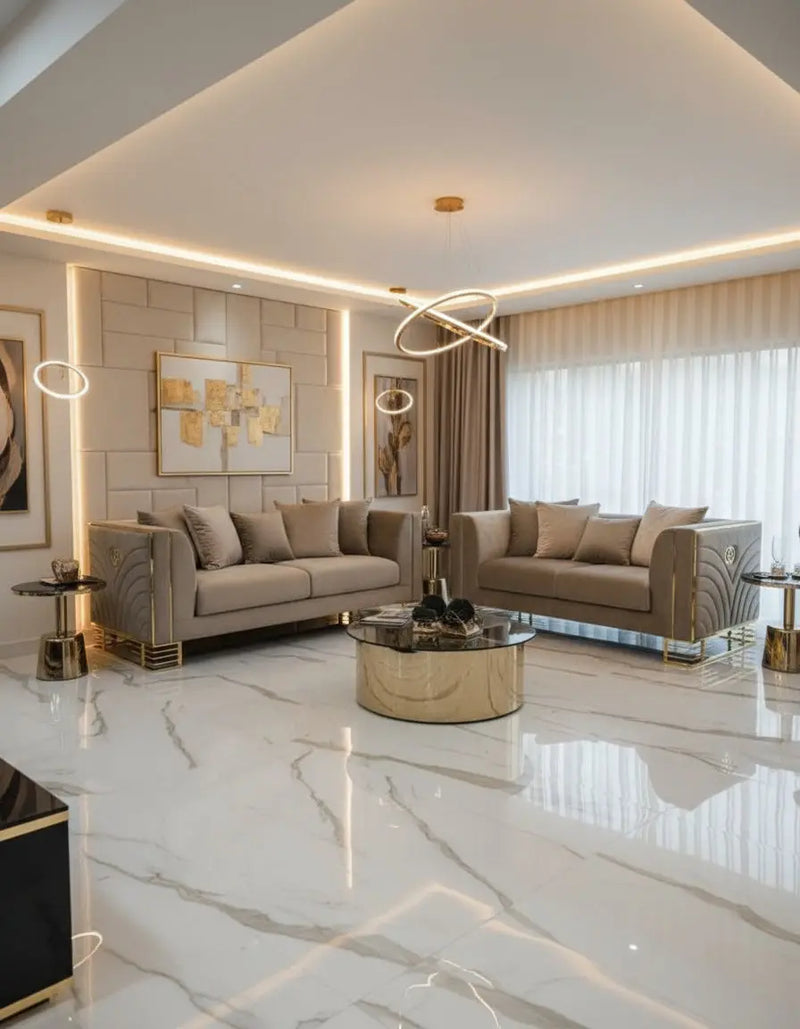 Bahrain 3+2 Seater Sofa Set – Beige Velvet with Gold Detailing & Legs | Modern Luxury Sofa