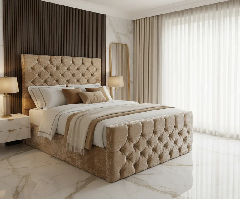 Enigma Ottoman Gas lift Bed – Crushed Velvet Upholstery with 54" Floor-Standing Headboard