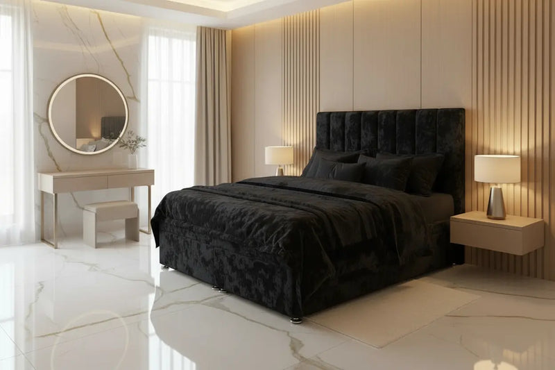 Empire Divan Bed in Crushed Velvet – 54" Tall Cubed Headboard