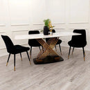 Orion Gold 1.8m Dining Table with Luna Black Velvet Dining Chairs – Polar White Sintered Stone Top F I INTERIORS