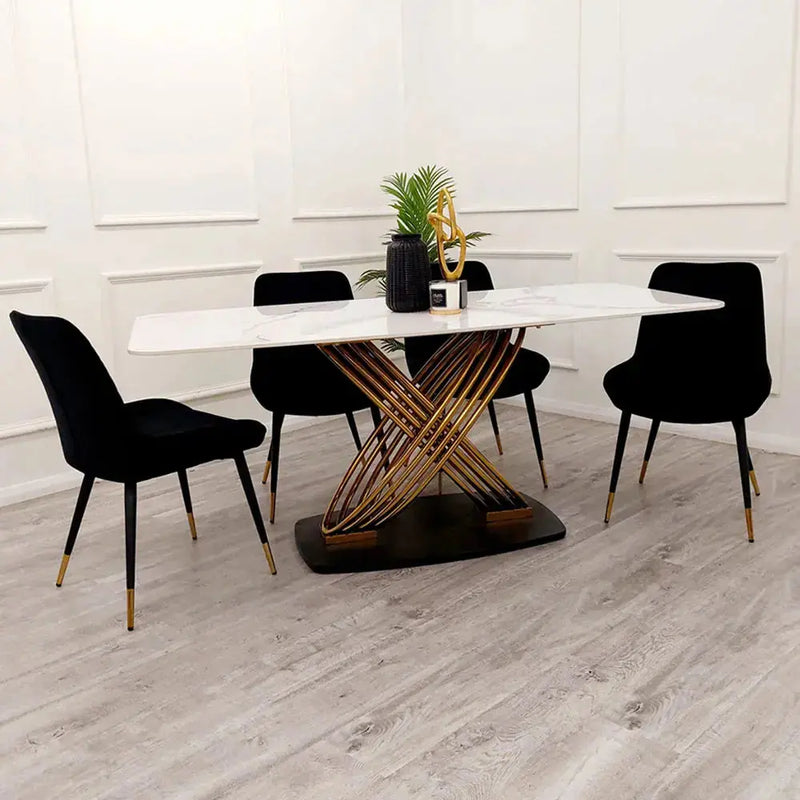 Orion Gold 1.8m Dining Table with Luna Black Velvet Dining Chairs – Polar White Sintered Stone Top F I INTERIORS