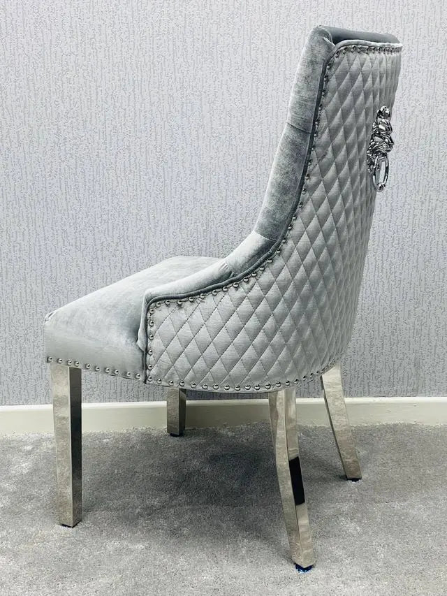 California Grey Marble Dining Table + Majestic Grey Velvet Dining Chairs – Modern Luxury Dining Set