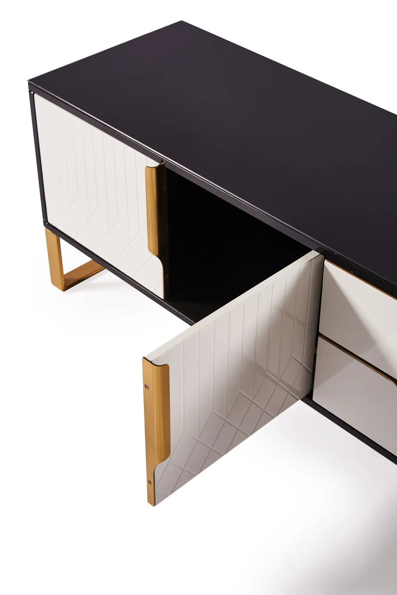 Amal Ribbed Furniture Range - Black, White & Gold TV Unit