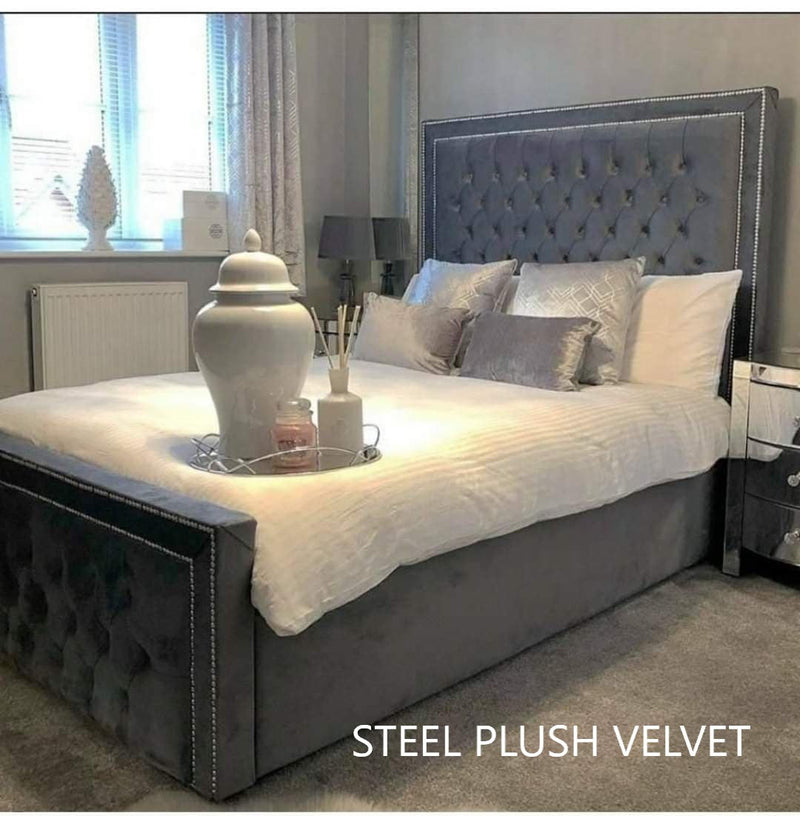 Arizona bed in Steel plush velvetVelvet bed bedframe bedstead velvet beds bed double bed kingsize bed singlebed storage bed slatted bed strong bed crushed velvet bed crushed velvet velvet plush velvet fabric bed