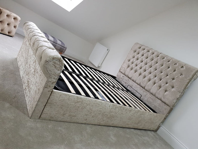 Sleigh ottoman gas lift chesterfield crushed velvet storage bed Crushed velvet bed crushed velvet bed frame bedstead velvet beds bed double bed kingsize bed singlebed storage bed slatted bed strong bed crushed velvet bed crushed velvet velvet plush velvet fabric bed