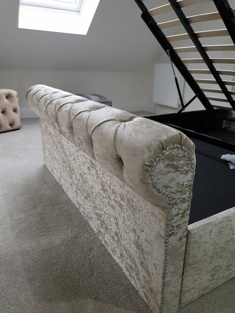 Sleigh ottoman gas lift chesterfield crushed velvet storage bed Crushed velvet bed crushed velvet bed frame bedstead velvet beds bed double bed kingsize bed singlebed storage bed slatted bed strong bed crushed velvet bed crushed velvet velvet plush velvet fabric bed