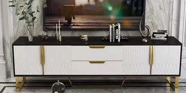 Amal Ribbed Furniture Range - Black, White & Gold TV Unit