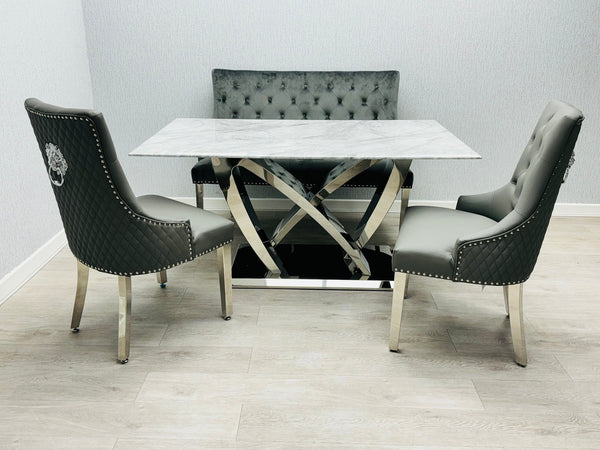 California Grey Marble Dining Table + Majestic Dining Chairs