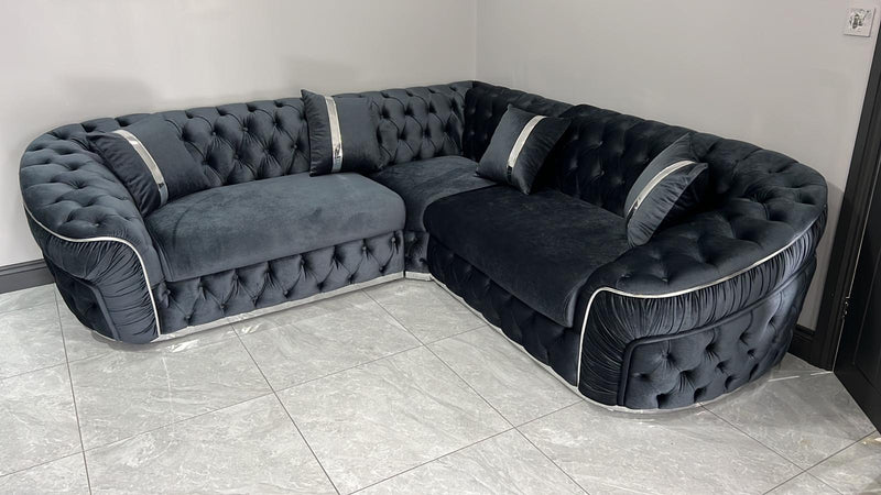 Ambassador Corner Sofa Navy Blue And Gold Chrometrimsofa goldtrimsofa velvetsofa dubaisofacollection plushvelvetsofas luxurysofa uniquesofas furniture sofas sofa cornersofa 3+2sofa homedecor design interiordesign livingroom home furnituredesigns love bespoke bespokesofas