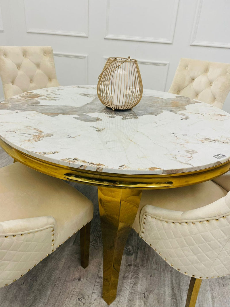 Louis Round Marble Dining Table With Gold Legs + 4 x Majestic Dining Chairs