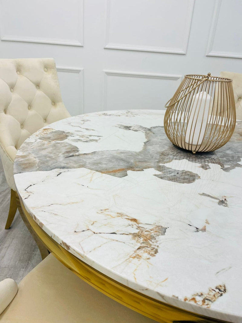 Louis Round Marble Dining Table With Gold Legs + 4 x Majestic Dining Chairs