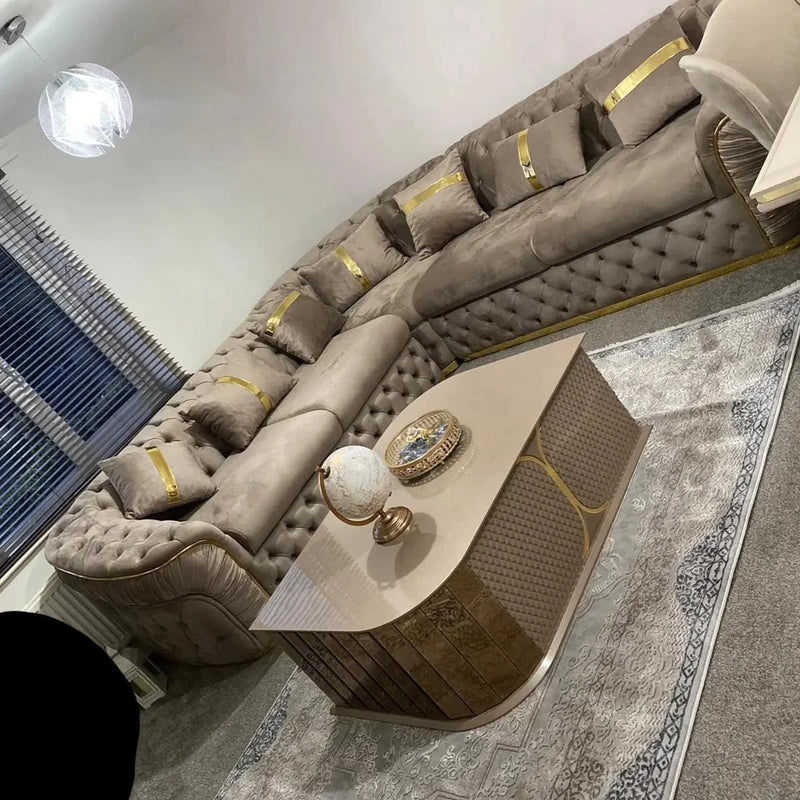 ambassador beige velvet chesterfield gold sofa Chrometrimsofa goldtrimsofa velvetsofa dubaisofacollection plushvelvetsofas luxurysofa uniquesofas furniture sofas sofa cornersofa 3+2sofa homedecor design interiordesign livingroom home furnituredesigns love bespoke bespokesofas