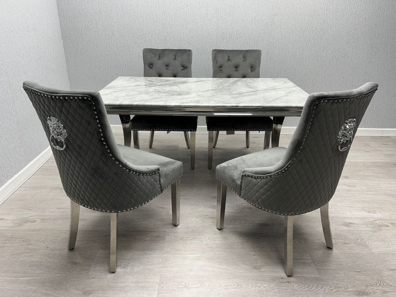 Sofia Grey & Silver Dining Table + Majestic Lion Knocker Back Dining Chairs