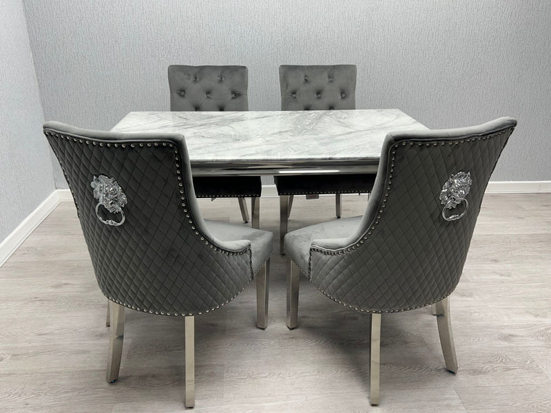 Sofia Grey & Silver Dining Table + Majestic Lion Knocker Back Dining Chairs