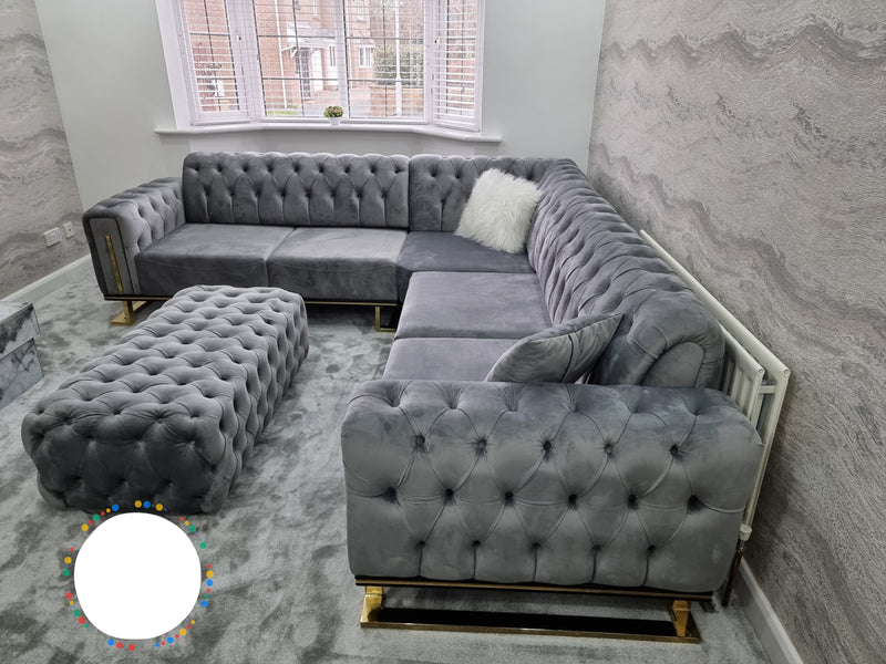 Chrometrimsofa goldtrimsofa velvetsofa dubaisofacollection plushvelvetsofas luxurysofa uniquesofas furniture sofas sofa cornersofa 3+2sofa homedecor design interiordesign livingroom home furnituredesigns love bespoke bespokesofas