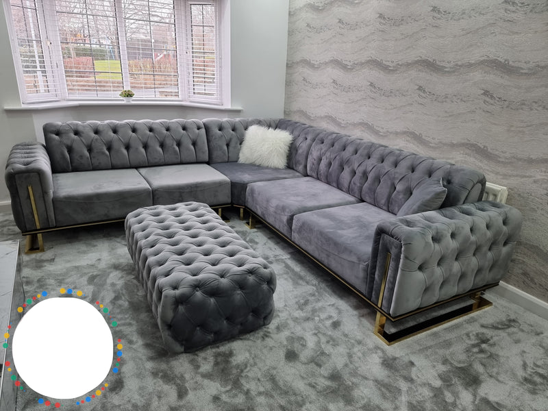 Chrometrimsofa goldtrimsofa velvetsofa dubaisofacollection plushvelvetsofas luxurysofa uniquesofas furniture sofas sofa cornersofa 3+2sofa homedecor design interiordesign livingroom home furnituredesigns love bespoke bespokesofas