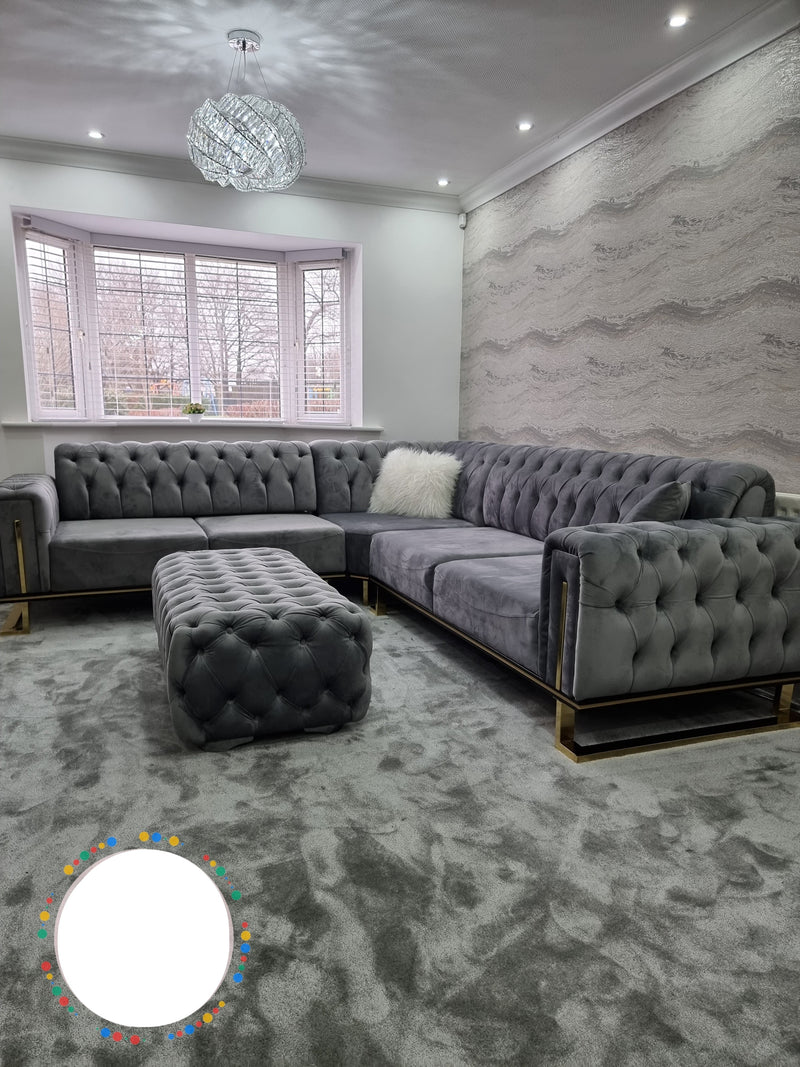 Chrometrimsofa goldtrimsofa velvetsofa dubaisofacollection plushvelvetsofas luxurysofa uniquesofas furniture sofas sofa cornersofa 3+2sofa homedecor design interiordesign livingroom home furnituredesigns love bespoke bespokesofas