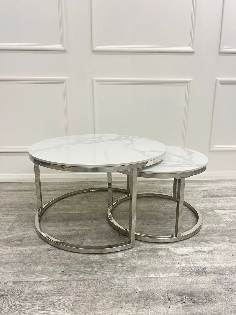 Cato Nest of 2 Short Round Coffee Chrome Tables with Polar White Sintered Stone Tops